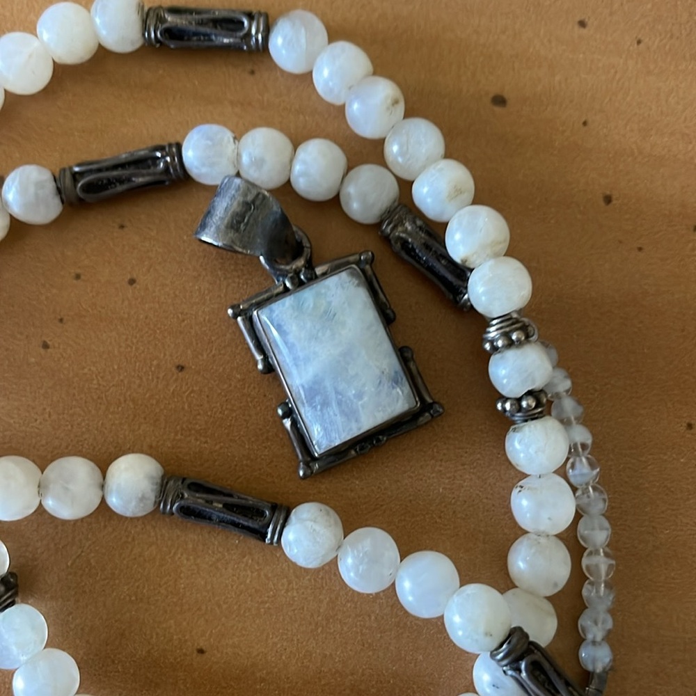 Rainbow Moonstone pendant and beads with silver accents. Laborite